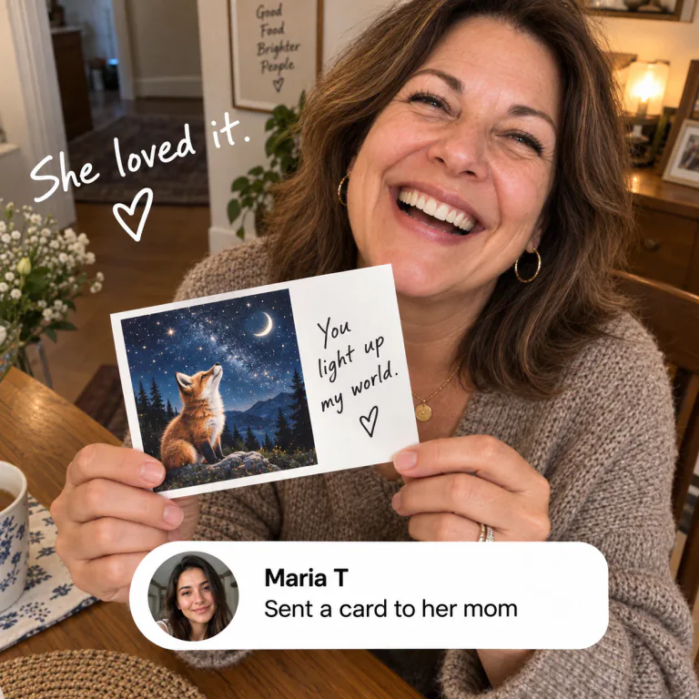 Maria beaming over a night-sky fox postcard