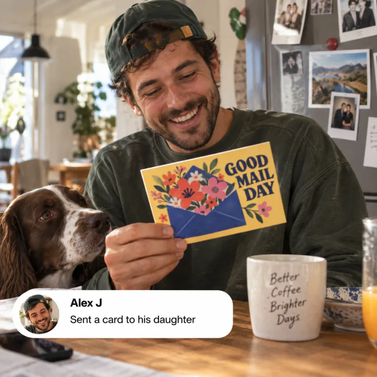 Alex smiling at a “Good mail day” postcard