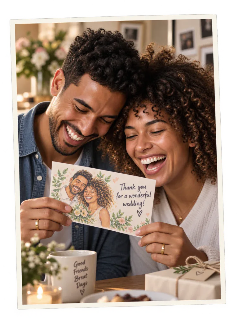 A couple enjoying their personalized wedding thank-you postcard
