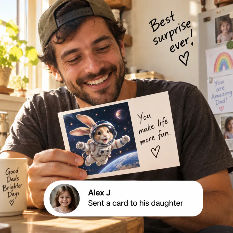 Alex holding an astronaut bunny postcard