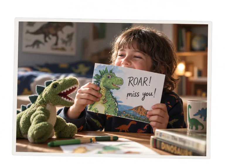 A child holding a dinosaur postcard that says ROAR! miss you!
