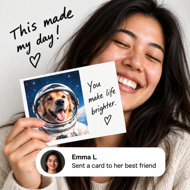 Emma laughing with an astronaut dog postcard