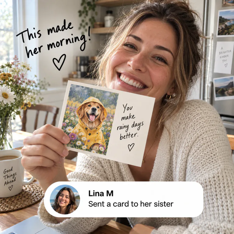 Lina holding a golden retriever postcard