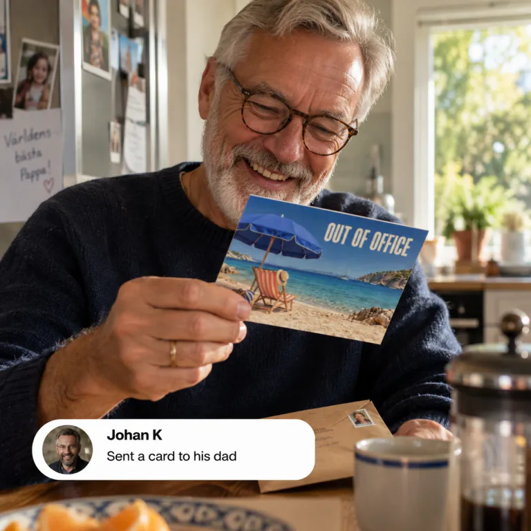 Johan smiling at an “Out of office” beach postcard
