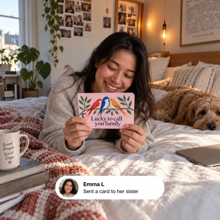 Emma with a “Lucky to call you family” postcard