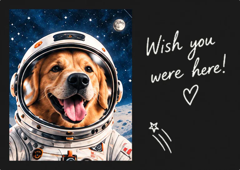 Dark postcard of a dog in an astronaut helmet: Wish you were here!