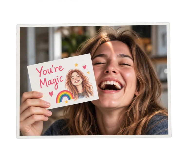 A smiling friend holding her personalized You're Magic postcard
